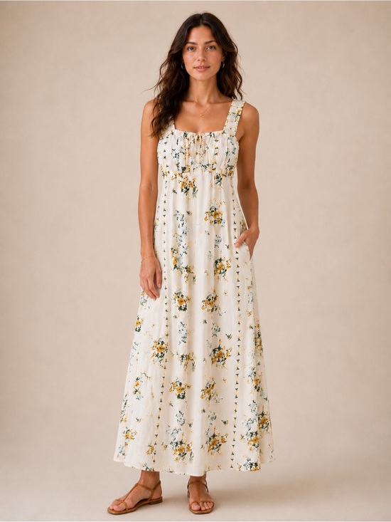 Caroline Constas Dresses & Skirts - Caroline Constas Floral Boho Maxi Dress Ivory Yellow Cottagecore Smocked Bodice